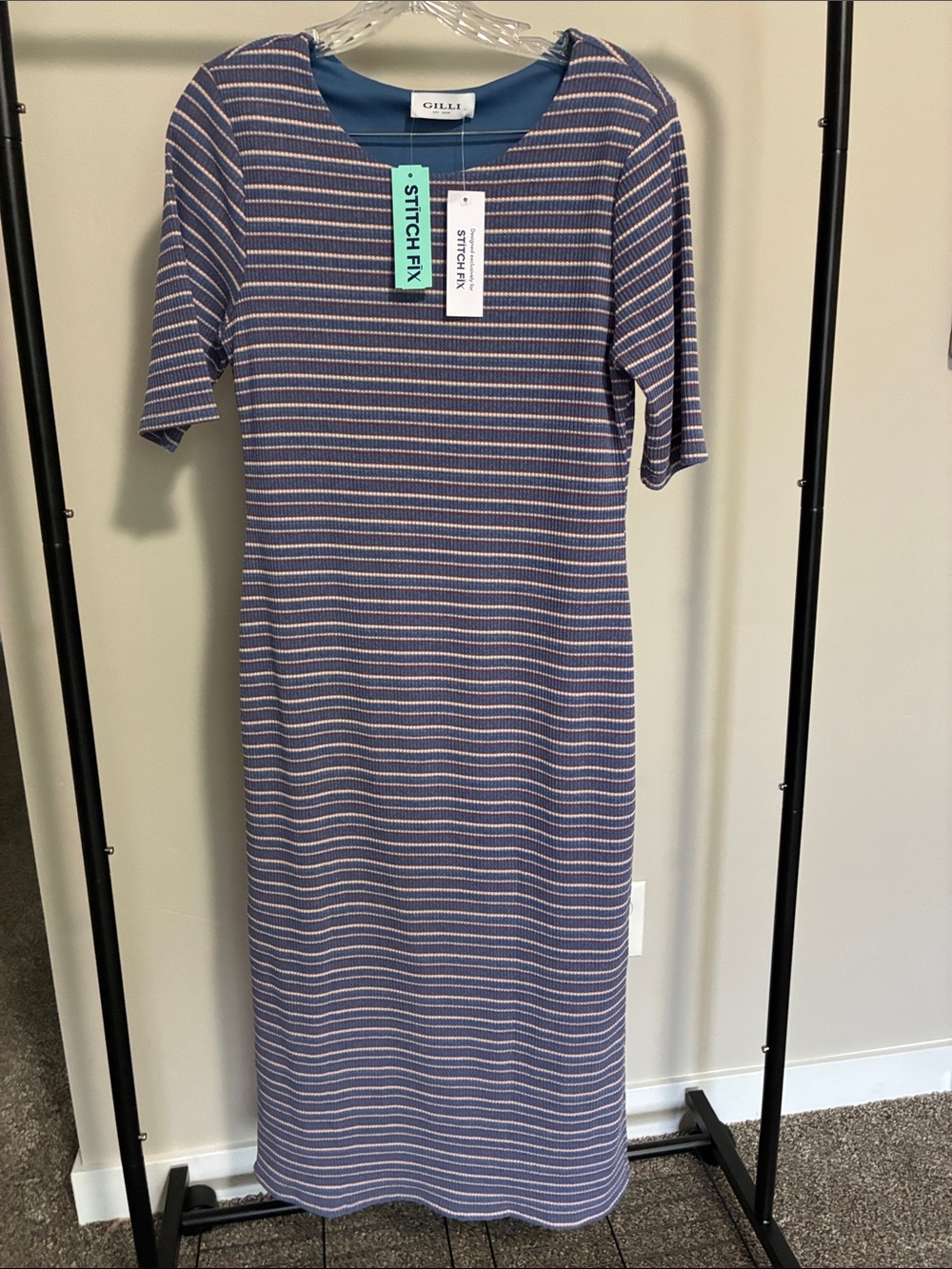 Gilli Blue and White Striped Knit Midi Dress